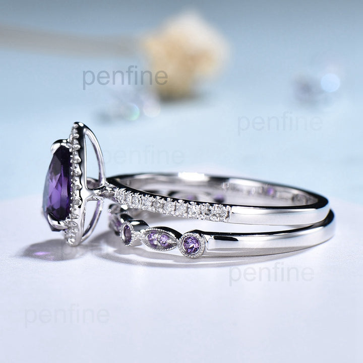 Antique amethyst ring for women 14K white gold pear amethyst engagement ring set Art deco wedding Personalized Gifts For Her Bridal ring - PENFINE