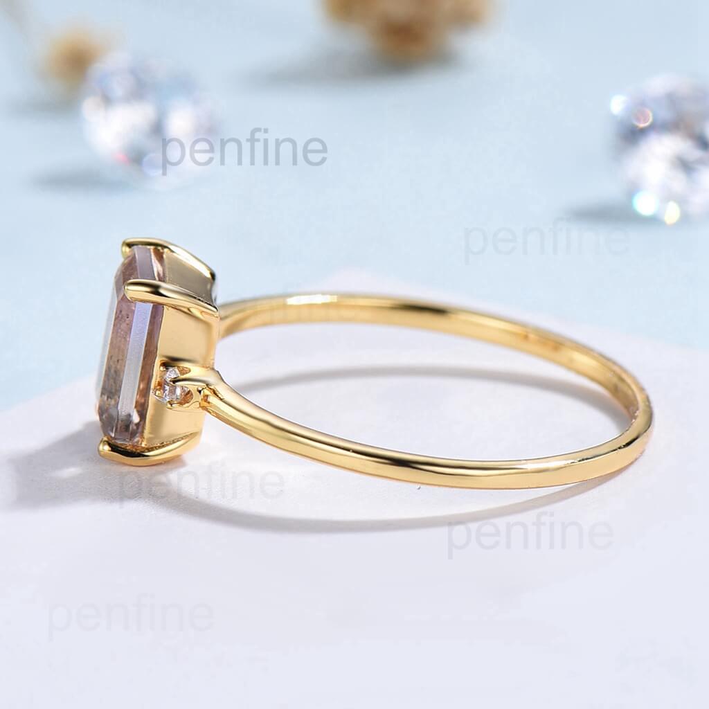 Three Stone Morganite Diamond Solitaire Engagement Ring Yellow Gold - PENFINE