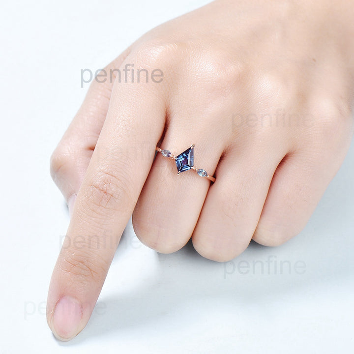 Marquise Alexandrite Band Unique Vintage Alexandrite Engagement Ring Kite Cut Delicate Simple Anniversary Ring For Women - PENFINE