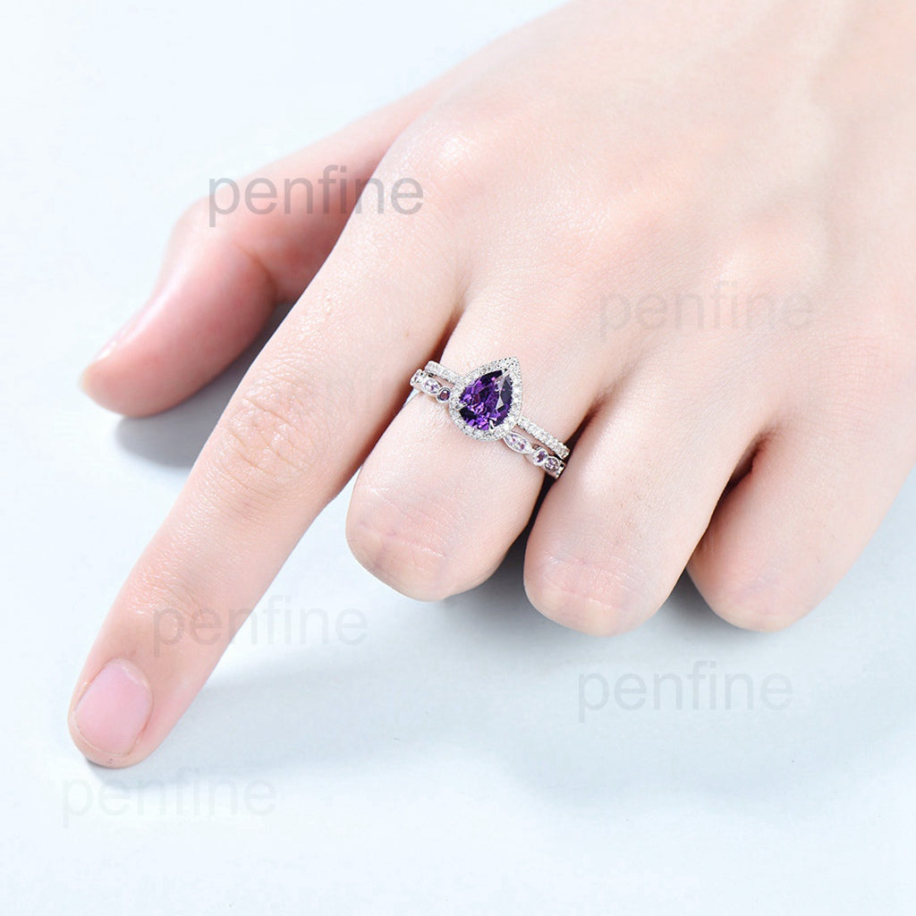 Antique amethyst ring for women 14K white gold pear amethyst engagement ring set Art deco wedding Personalized Gifts For Her Bridal ring - PENFINE