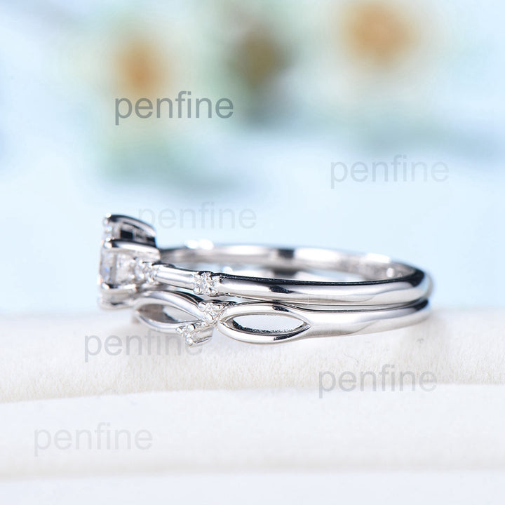 Dainty Moissanite Bridal Sets Unique White Gold Moissanite Engagement Ring Set Art Deco Bridal Anniversary Rings Promise Ring for her - PENFINE