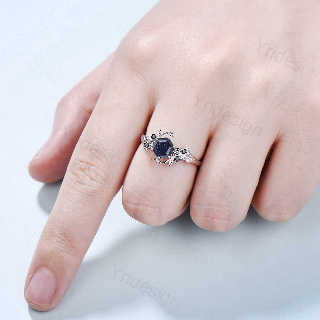 Hexagon Blue Sandstone Ring Cute Leaf Vine Onyx Star Blue Ring For Women