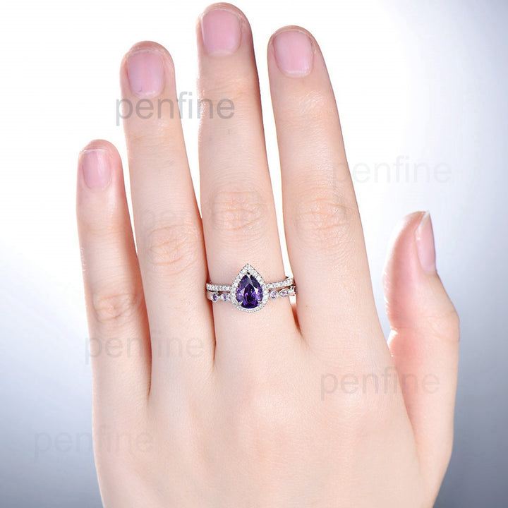 Antique amethyst ring for women 14K white gold pear amethyst engagement ring set Art deco wedding Personalized Gifts For Her Bridal ring - PENFINE