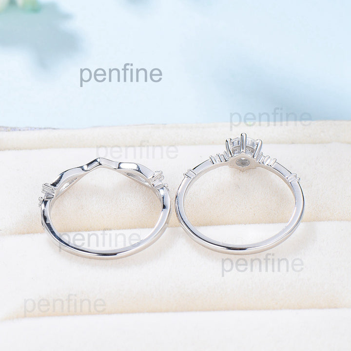 Dainty Moissanite Bridal Sets Unique White Gold Moissanite Engagement Ring Set Art Deco Bridal Anniversary Rings Promise Ring for her - PENFINE