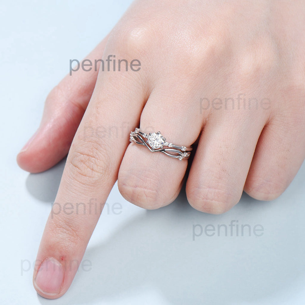 Dainty Moissanite Bridal Sets Unique White Gold Moissanite Engagement Ring Set Art Deco Bridal Anniversary Rings Promise Ring for her - PENFINE