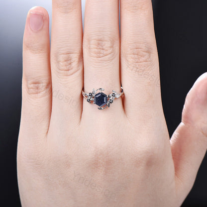 Hexagon Blue Sandstone Ring Cute Vintage Galaxy White Gold Engagement Ring Leaf Vine Onyx Star Blue Ring For Women Bridal Promise Ring - PENFINE