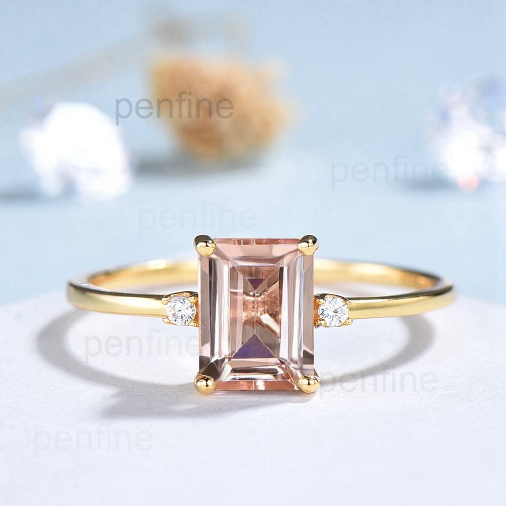 Three Stone Morganite Diamond Solitaire Engagement Ring Yellow Gold - PENFINE