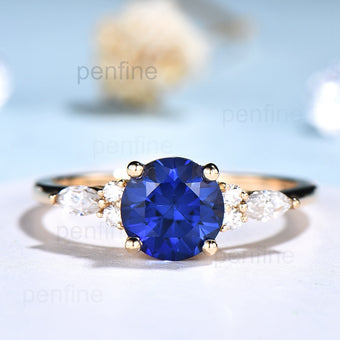 7mm round sapphire diamond ring for women - PENFINE