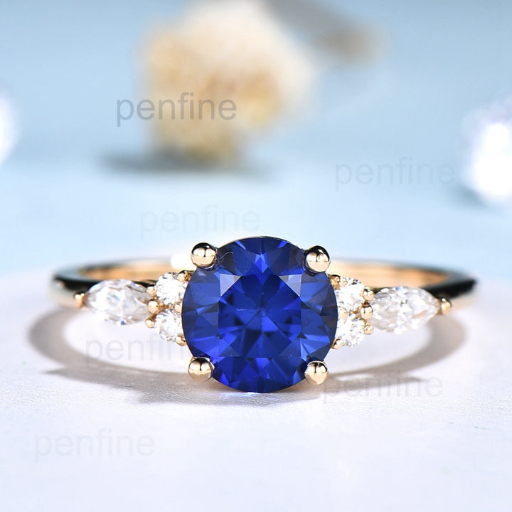 7mm round sapphire diamond ring for women - PENFINE