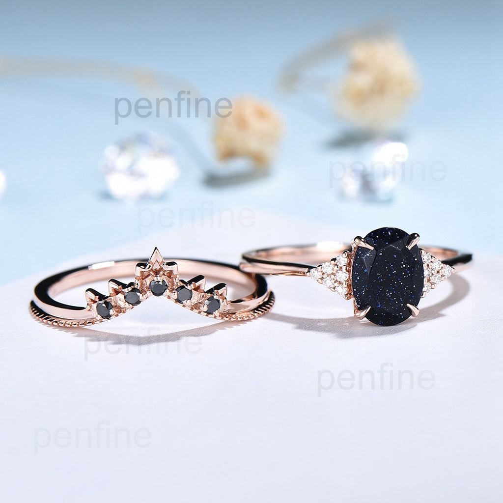 Oval blue sandstone engagement ring set cluster moissanite Galaxy vintage unique wedding ring black diamond promise ring for women - PENFINE