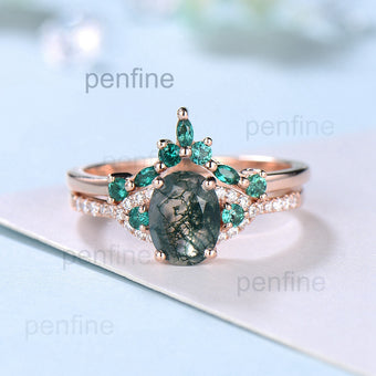 Elegant moss agate ring set vintage green stones wedding ring women Unique moss agate engagement ring bridal set emerald anniversary gift - PENFINE