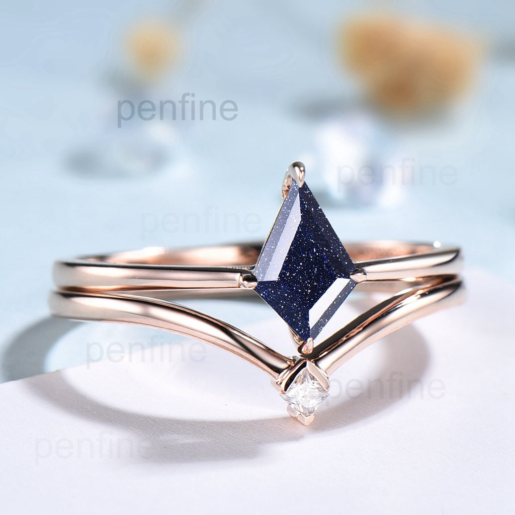 Galaxy Kite Cut Blue Sandstone Wedding Ring Set Art Deco Star Blue Stone Engagement Ring Ret For Women - PENFINE