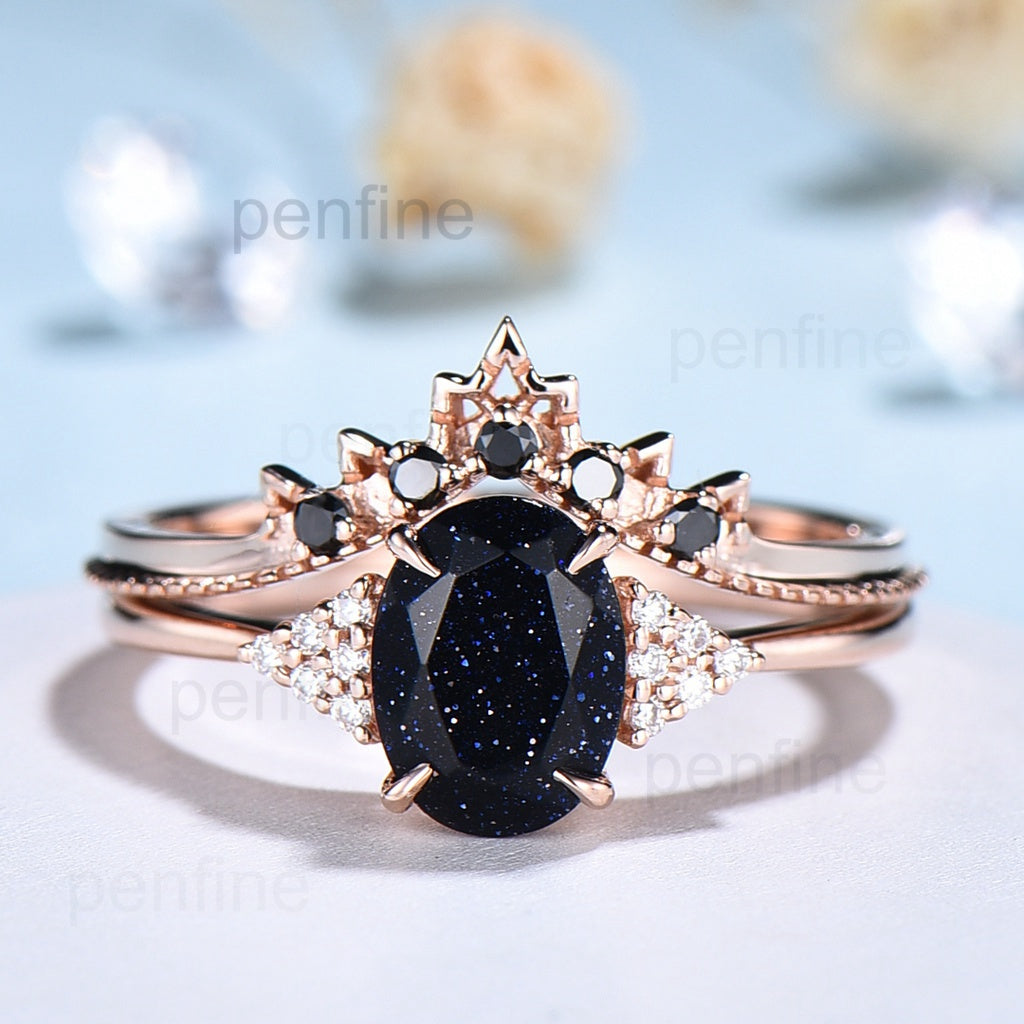 Oval blue sandstone engagement ring set cluster moissanite Galaxy vintage unique wedding ring black diamond promise ring for women - PENFINE