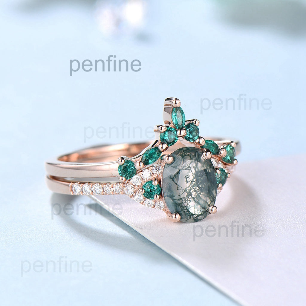 Elegant moss agate ring set vintage green stones wedding ring women Unique moss agate engagement ring bridal set emerald anniversary gift - PENFINE