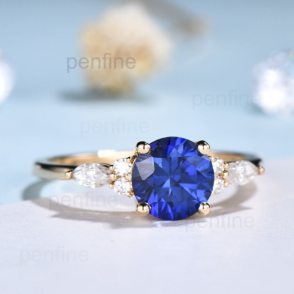 7 mm Near White Moissanite Diamond & Cz Blue Sapphire good Art Deco Design Engagement Ring- Bezel Set Diamond Ring- Vintage Inspired Ring3324