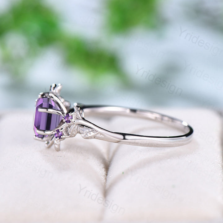 Hexagon cut amethyst engagement ring Purple Amethyst ring women 6 prong leaf vine bridal ring art deco anniversary ring february birthstone - PENFINE