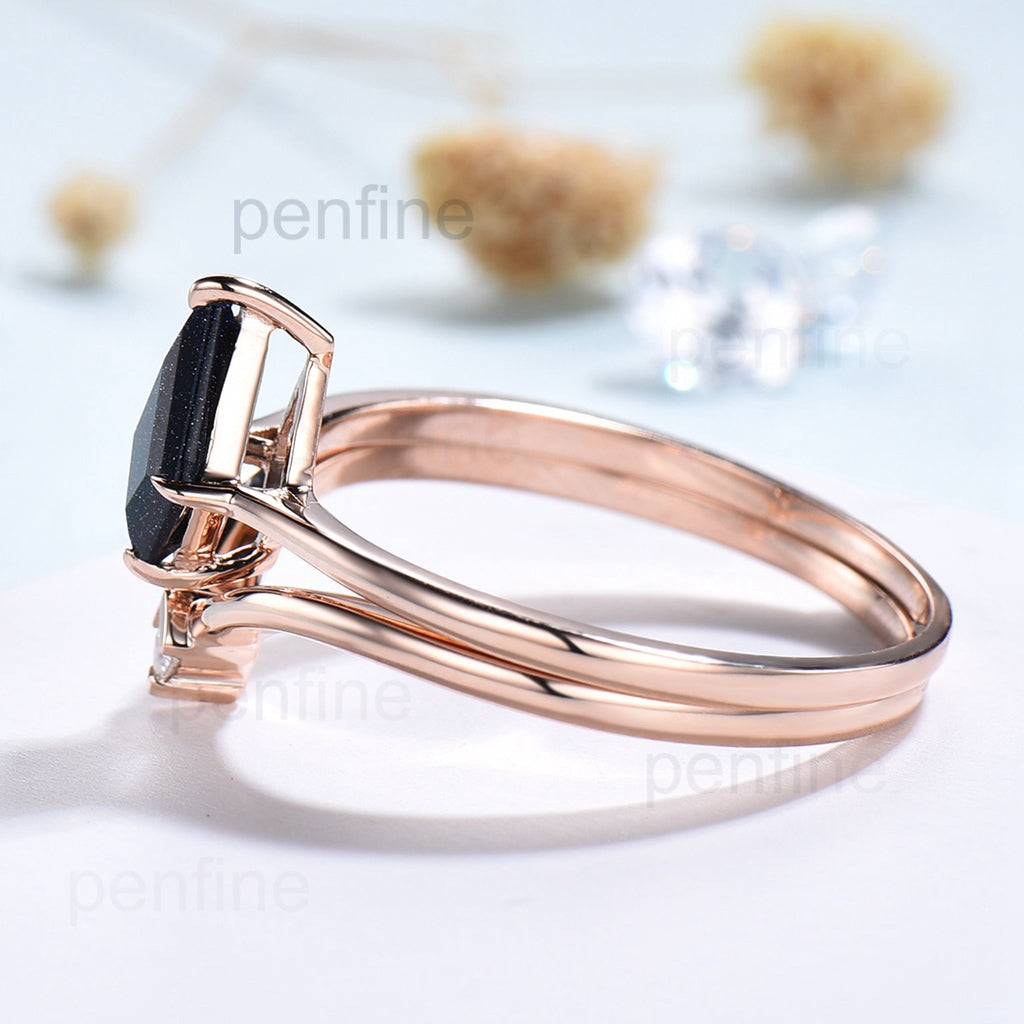 Galaxy Kite Cut Blue Sandstone Wedding Ring Set Art Deco Star Blue Stone Engagement Ring Ret For Women - PENFINE
