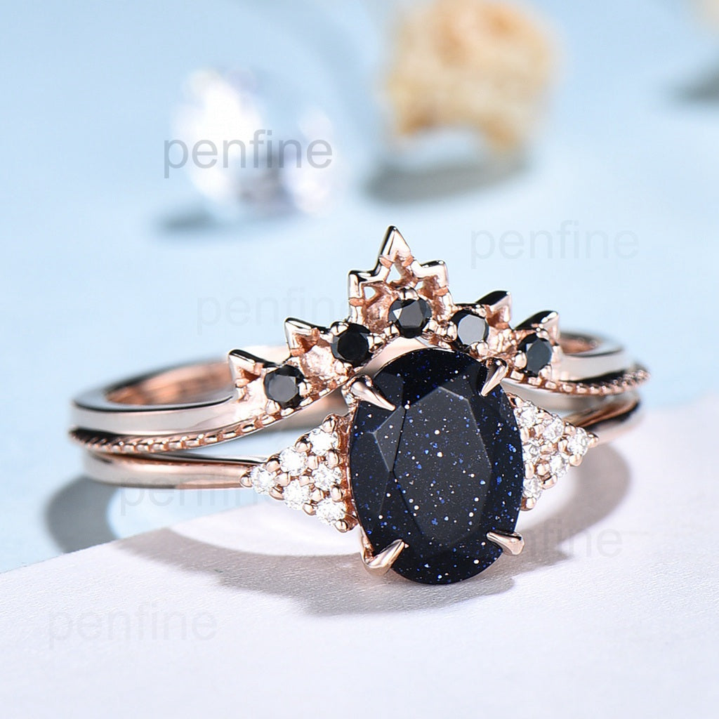 Oval blue sandstone engagement ring set cluster moissanite Galaxy vintage unique wedding ring black diamond promise ring for women - PENFINE