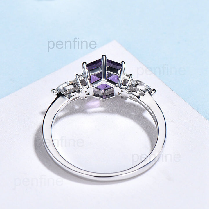 Unique Neil Hexagon Amethyst Diamond White Gold - PENFINE