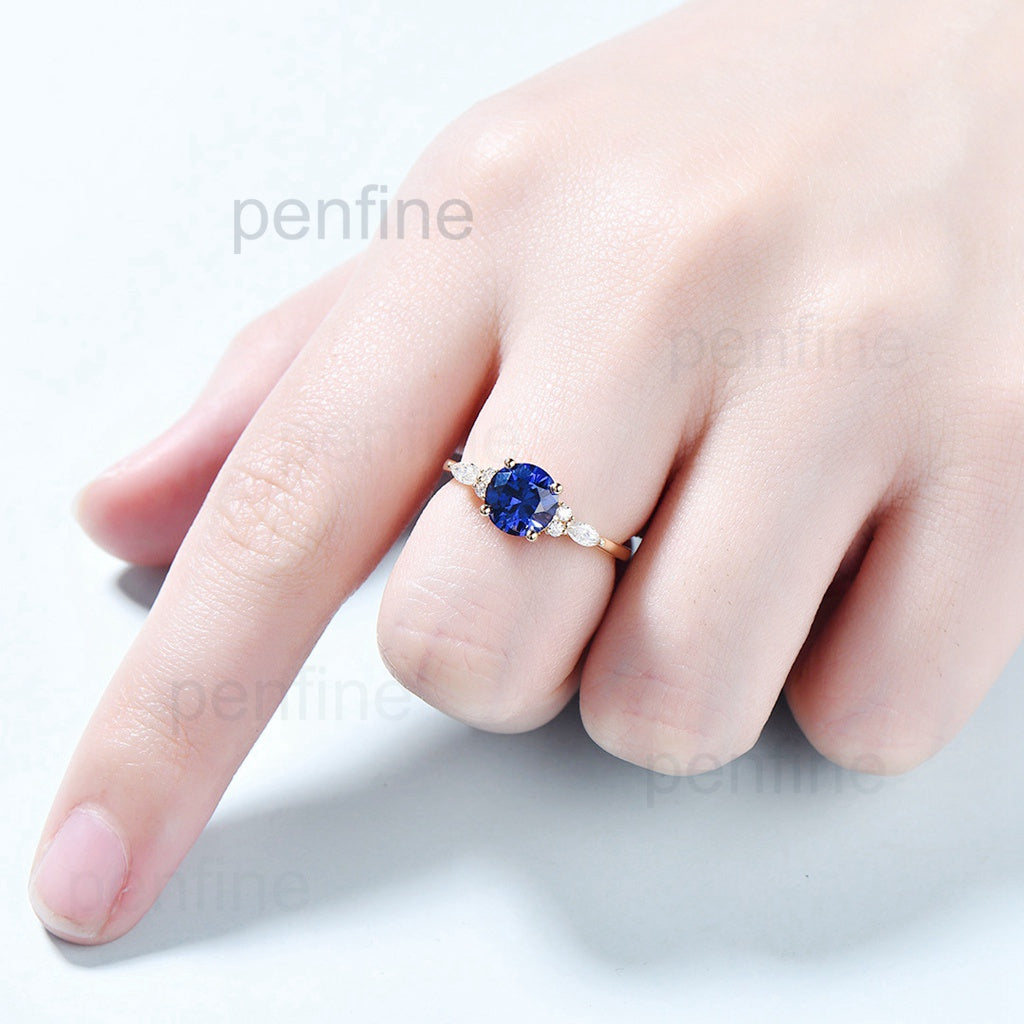 7mm round sapphire diamond ring for women - PENFINE