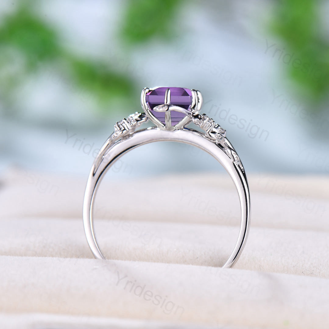 Moissanite Halo Amethyst Engagement Ring, June Birthstone Ring, Dainty outlet Ring, Art Deco Promise Ring, Amethyst Ring, Anniversary Ring