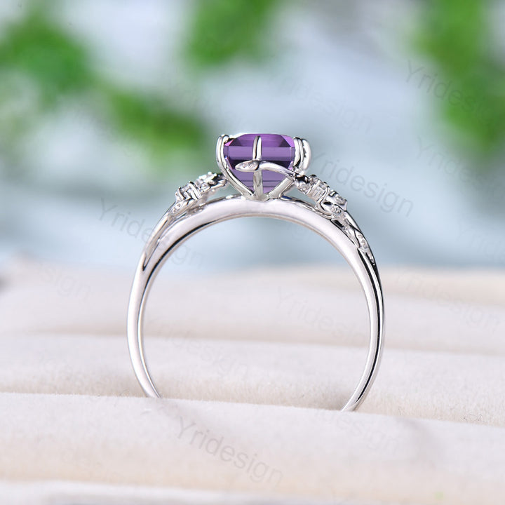 Hexagon cut amethyst engagement ring Purple Amethyst ring women 6 prong leaf vine bridal ring art deco anniversary ring february birthstone - PENFINE