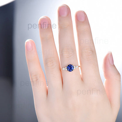 7mm round sapphire diamond ring for women - PENFINE
