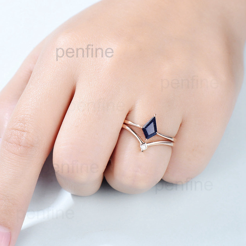 Galaxy Kite Cut Blue Sandstone Wedding Ring Set Art Deco Star Blue Stone Engagement Ring Ret For Women - PENFINE