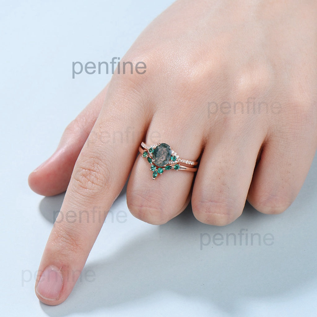 Elegant moss agate ring set vintage green stones wedding ring women Unique moss agate engagement ring bridal set emerald anniversary gift - PENFINE