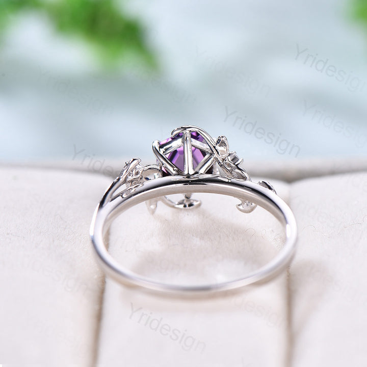 Hexagon cut amethyst engagement ring Purple Amethyst ring women 6 prong leaf vine bridal ring art deco anniversary ring february birthstone - PENFINE