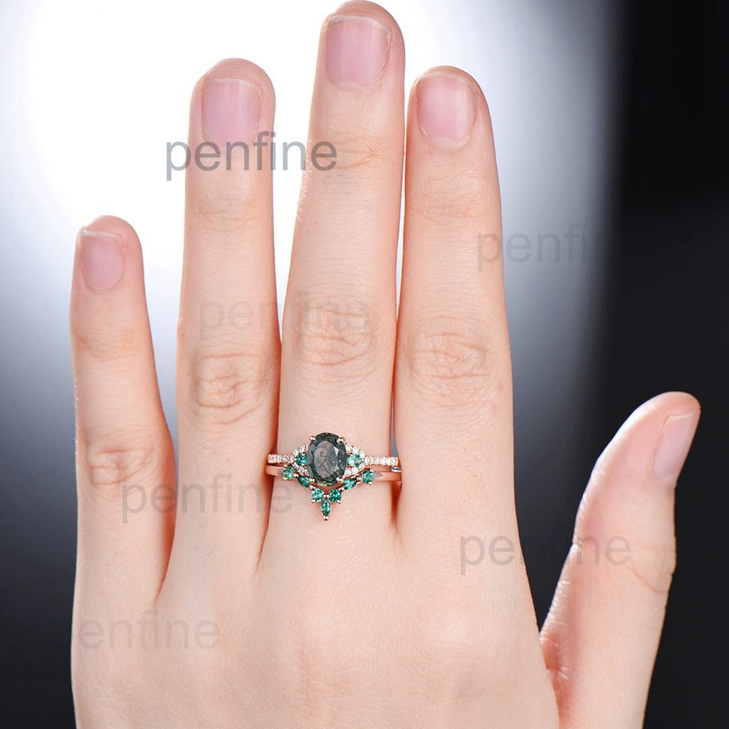 Elegant moss agate ring set vintage green stones wedding ring women Unique moss agate engagement ring bridal set emerald anniversary gift - PENFINE
