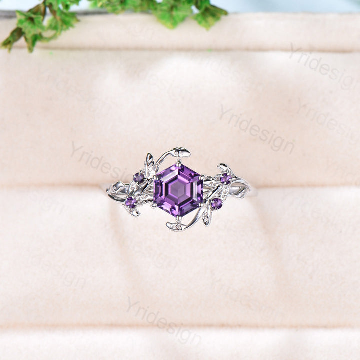 Hexagon cut amethyst engagement ring Purple Amethyst ring women 6 prong leaf vine bridal ring art deco anniversary ring february birthstone - PENFINE