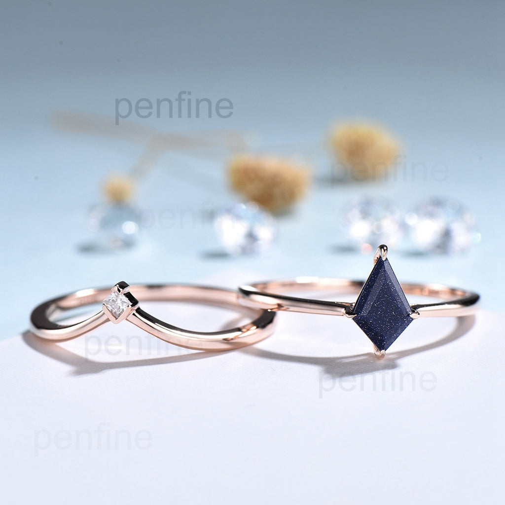 Galaxy Kite Cut Blue Sandstone Wedding Ring Set Art Deco Star Blue Stone Engagement Ring Ret For Women - PENFINE