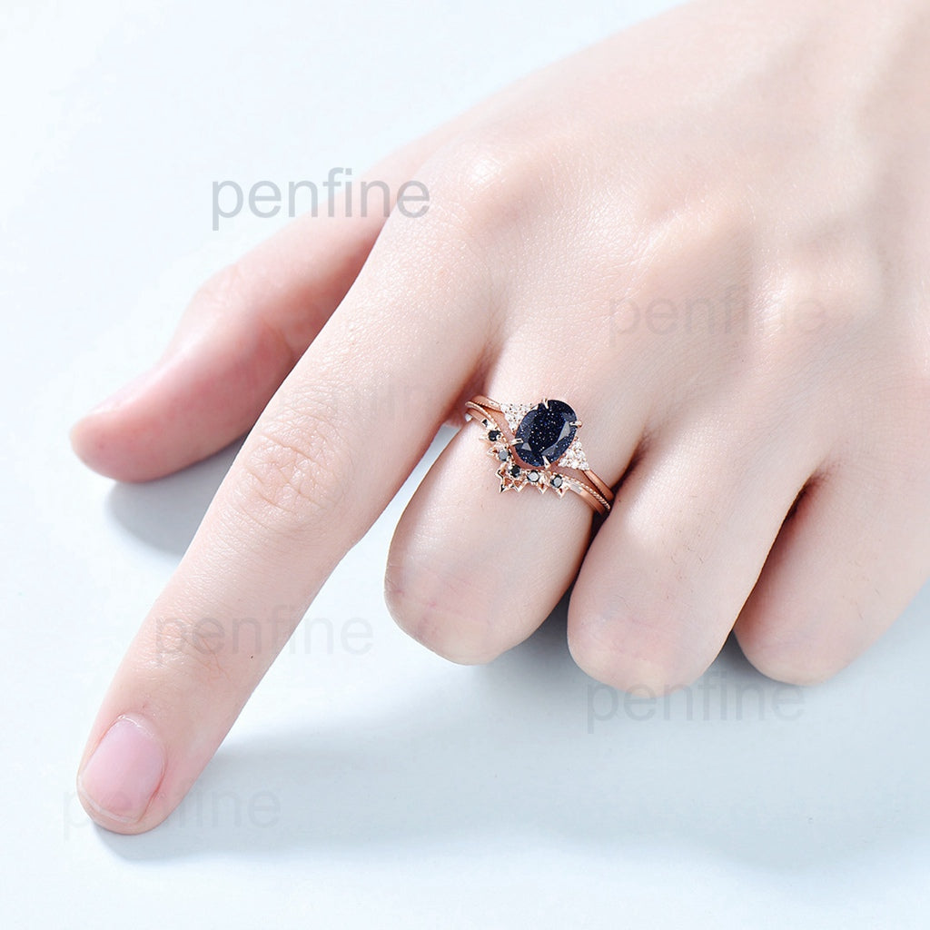 Oval blue sandstone engagement ring set cluster moissanite Galaxy vintage unique wedding ring black diamond promise ring for women - PENFINE