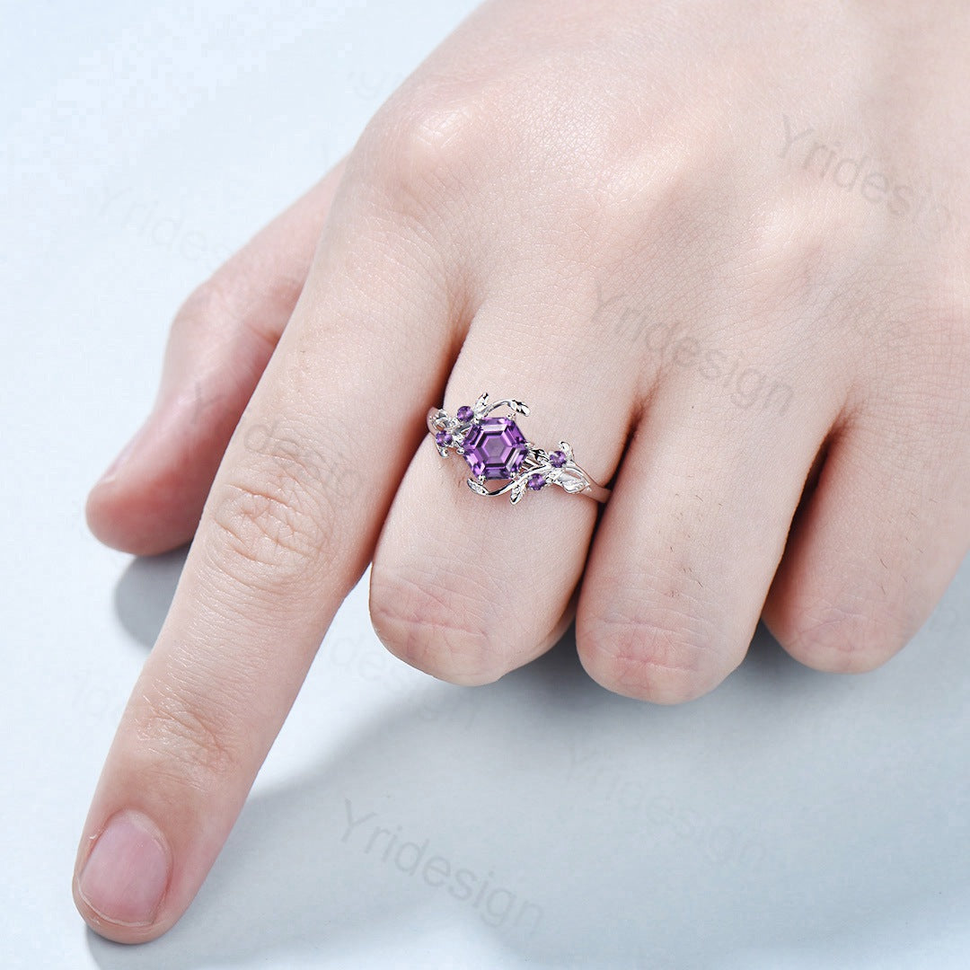 Hexagon cut amethyst engagement ring Purple Amethyst ring women 6 prong leaf vine bridal ring art deco anniversary ring february birthstone - PENFINE