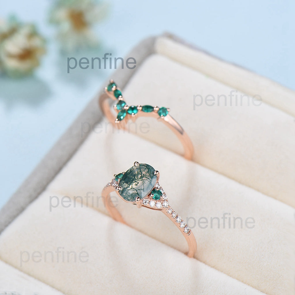 Elegant moss agate ring set vintage green stones wedding ring women Unique moss agate engagement ring bridal set emerald anniversary gift - PENFINE