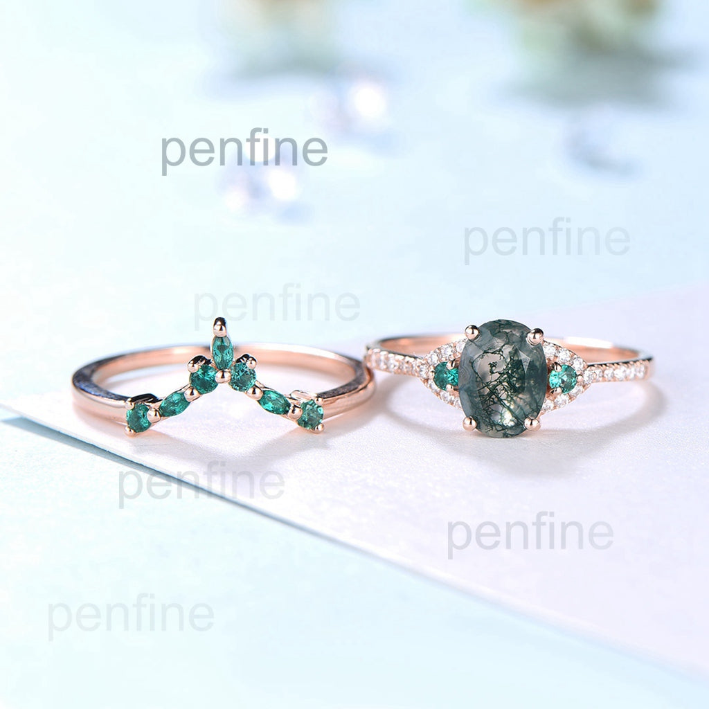 Elegant moss agate ring set vintage green stones wedding ring women Unique moss agate engagement ring bridal set emerald anniversary gift - PENFINE