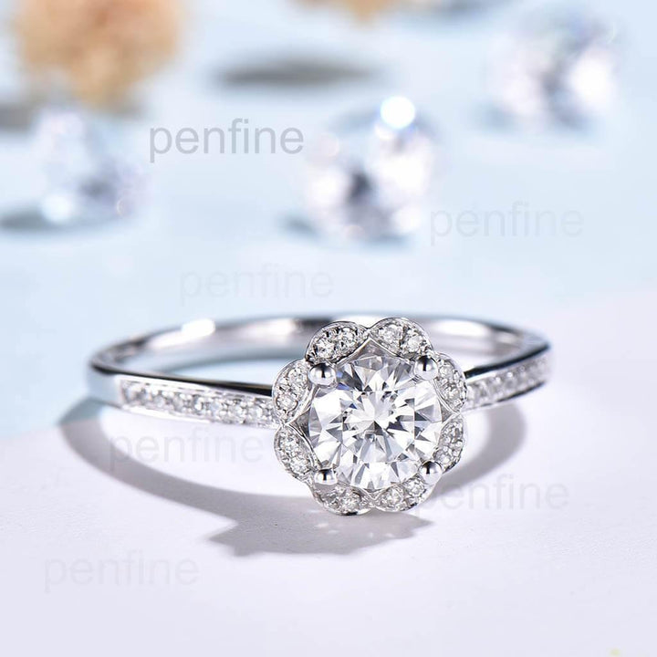 Floral Halo Moissanite Sunflower Diamond Engagement Ring Channel Set - PENFINE