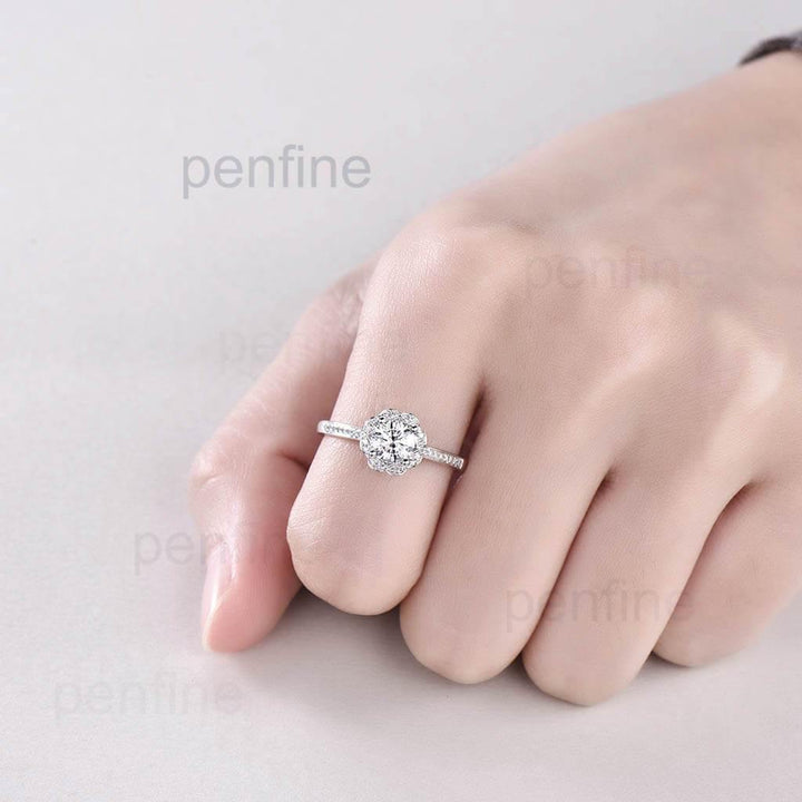 Floral Halo Moissanite Sunflower Diamond Engagement Ring Channel Set - PENFINE