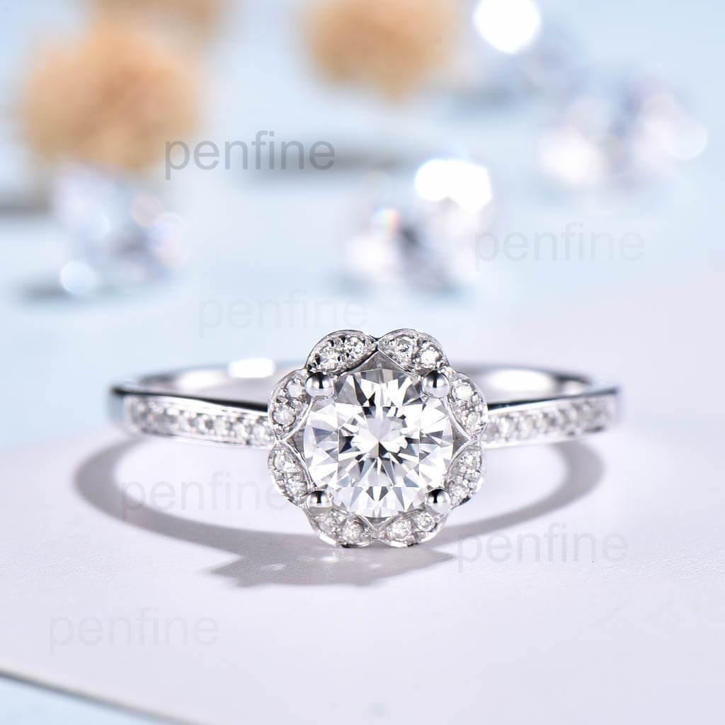 Floral Halo Moissanite Sunflower Diamond Engagement Ring Channel Set - PENFINE