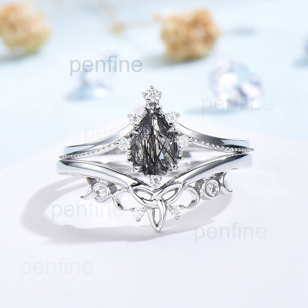 pear rutilated quartz engagement ring set