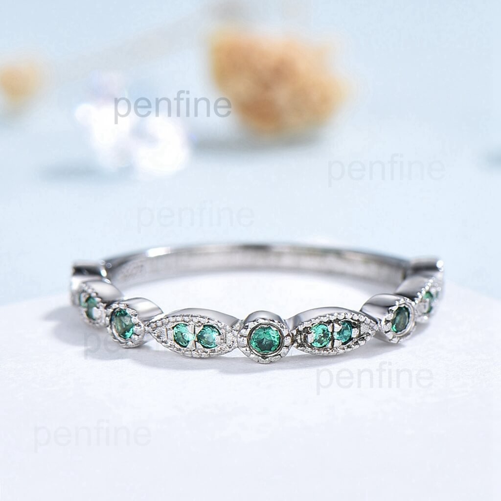 Emerald Wedding Band / Half Eternity Band Art Deco Stacking Wedding Ring Anniversary Ring For Women Stackable Band, Marquise Wedding Ring - PENFINE