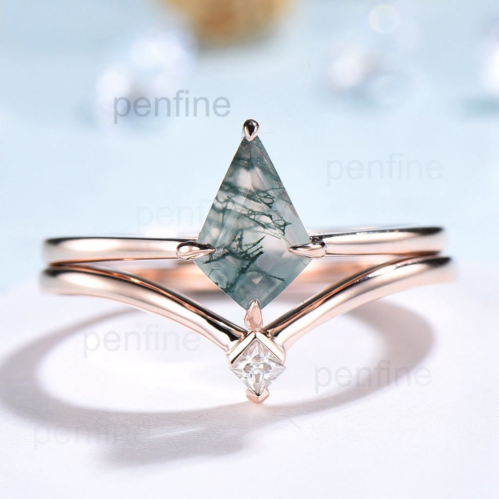 Vintage unique kite shaped green moss agate engagement ring set rose gold silver dainty princess cut moissanite bridal ring set for women - PENFINE