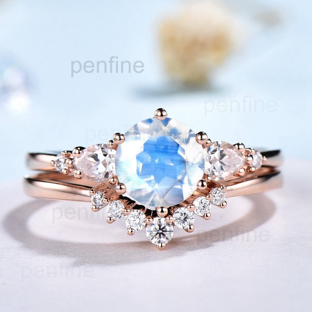 Round Moonstone Engagement Ring Set Unique Cluster Marquise Moissanite Wedding Ring For Women Art Deco Diamond Bridal Ring June Birthstone - PENFINE