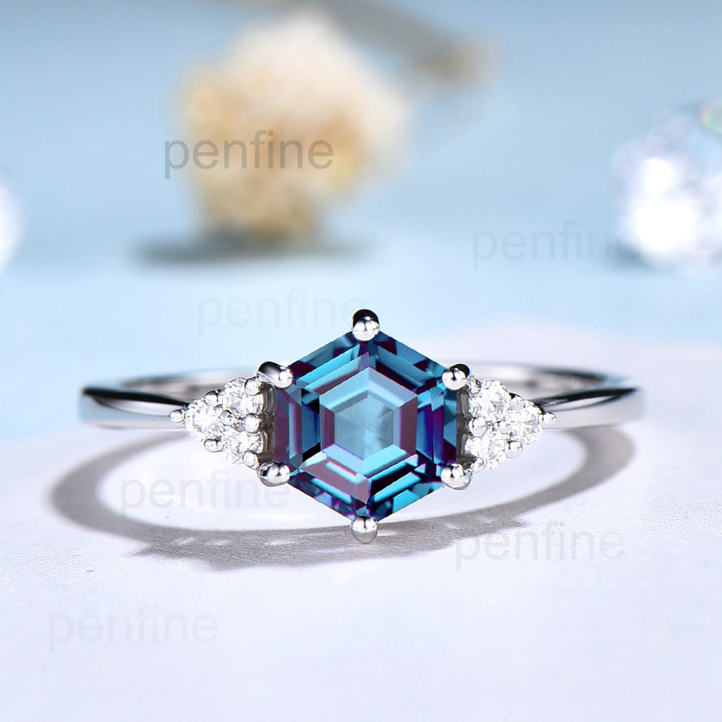 Hexagon Alexandrite Engagement Ring Cluster 7 Stones - PENFINE