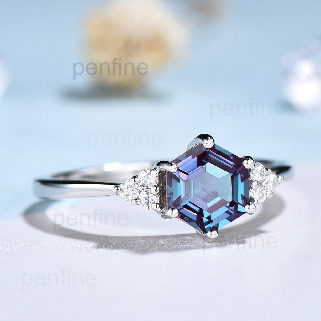 Hexagon Alexandrite Engagement Ring Cluster 7 Stones - PENFINE