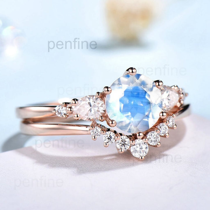 Round Moonstone Engagement Ring Set Unique Cluster Marquise Moissanite Wedding Ring For Women Art Deco Diamond Bridal Ring June Birthstone - PENFINE