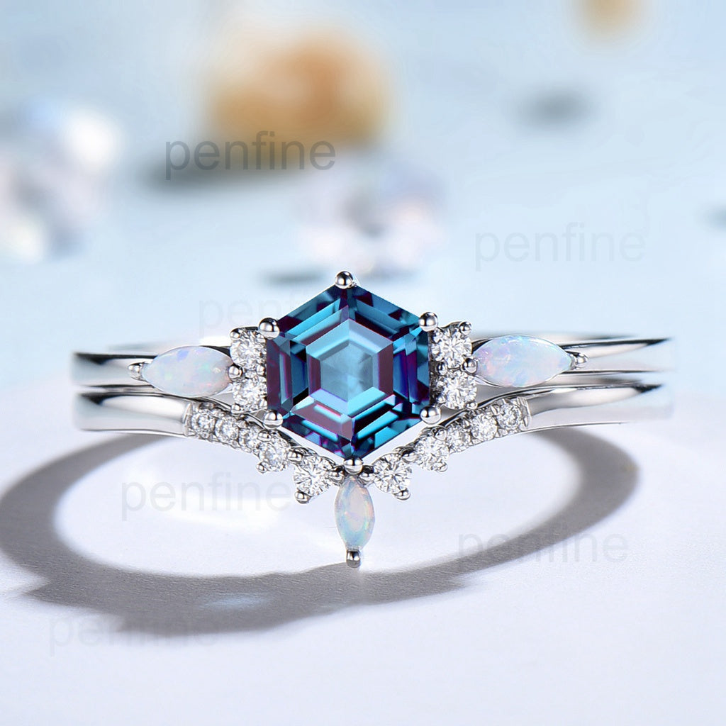Hexagon Alexandrite Engagement Ring Set Vintage Cluster Marquise Opal Wedding Ring Personalized Anniversary Gift Women June Birthstone Ring - PENFINE