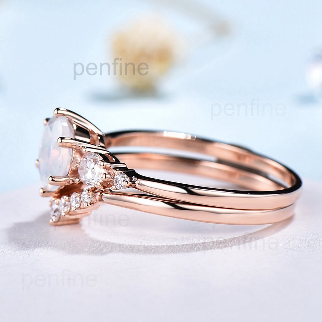 Round Moonstone Engagement Ring Set Unique Cluster Marquise Moissanite Wedding Ring For Women Art Deco Diamond Bridal Ring June Birthstone - PENFINE