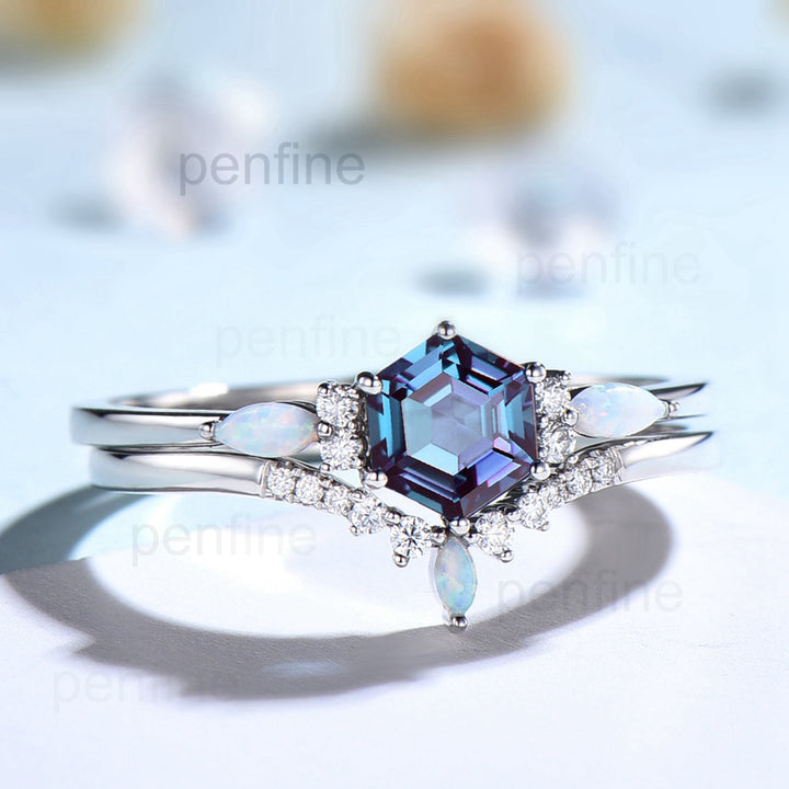 Hexagon Alexandrite Engagement Ring Set Vintage Cluster Marquise Opal Wedding Ring Personalized Anniversary Gift Women June Birthstone Ring - PENFINE